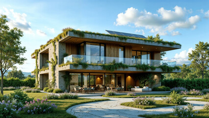 Obraz premium Modern eco-friendly homes nestled in a lush green landscape surrounded by trees and rocks