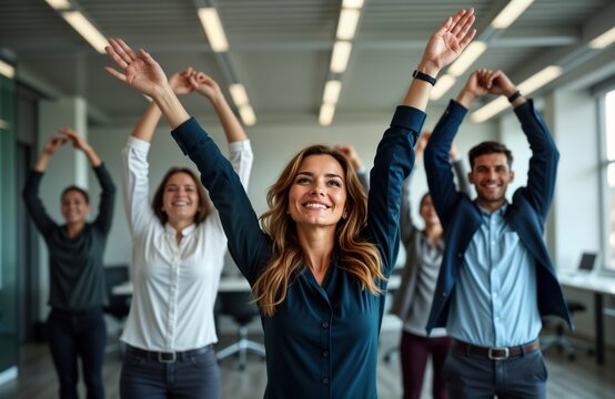 Office employees engage in group stretching during break. Happy diverse businesspeople stretch arms upwards. Teamwork, health promotion in modern workplace. Positive energy, wellness in corporate