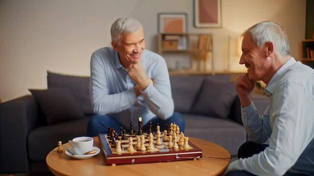 Elderly men playing chess and having fun
