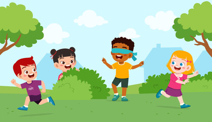 little kid play hide and seek with friend and feel happy