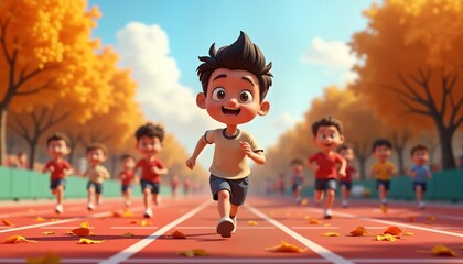Cartoon children run marathon in autumn park. Children race on stadium track. Colorful leaves fall on the track. Smiling faces show excitement. Healthy activity for kids. Fun competition outdoors.