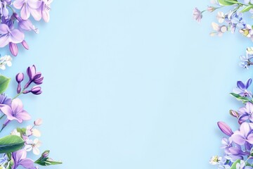 Fototapeta premium Photo of a Lilac blossom border on a pastel blue background, flat lay. Web banner with copy space 