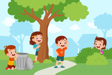 little kid play hide and seek with friend and feel happy