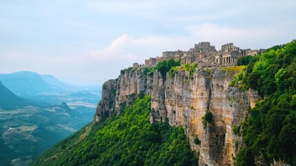 Naklejka premium Ancient Ruins on a Majestic Clifftop Overlooking Serene Valley