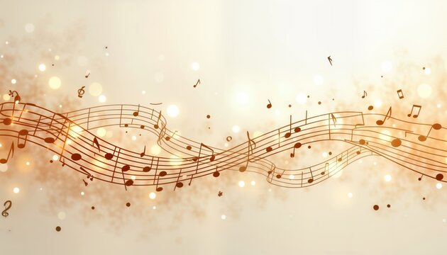 Abstract musical notes background design in gold, brown tones with white light. Dynamic musical notes flow elegantly creating rhythmic pattern. Graphic perfect choice for music-related projects