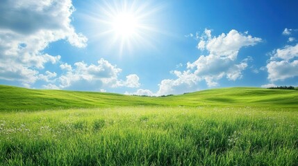 Fototapeta premium Green land with rolling hills and lush grass under a sunny sky, on solid white background, single object.