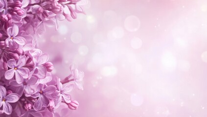 Fototapeta premium pink background with Lilac blossoms on the left side for text, white space in the center. Web banner with copy space 