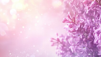 Obraz premium pink background with Lilac blossoms on the left side for text, white space in the center. Web banner with copy space 