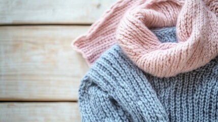 Hand-knitted pastel sweater placed on a rustic wooden table, on solid white background, single object.