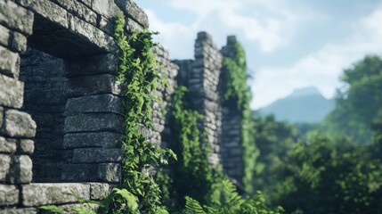 Fototapeta premium Ancient Stone Ruins Overgrown with Lush Greenery