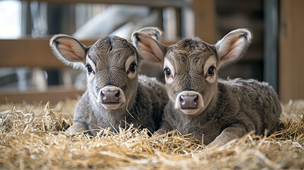 Fototapeta premium Adorable Twin Calves Resting in Hay Filled Barn. A Precious Moment Captured on Camera