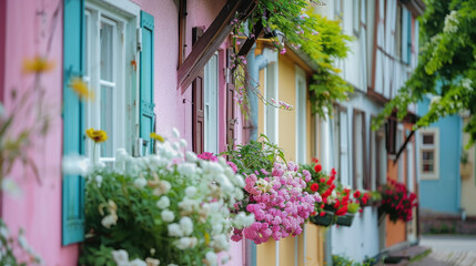 Naklejka premium Colorful European Townhouses with Vibrant Flowers