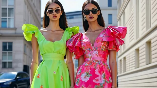 Two women wearing green and pink dresses stand on a sidewalk