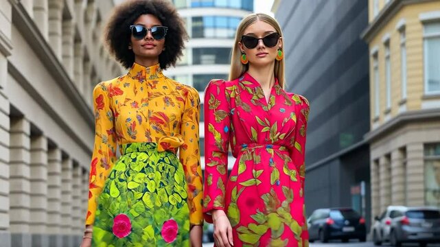 Two women wearing colorful dresses stand on a city street