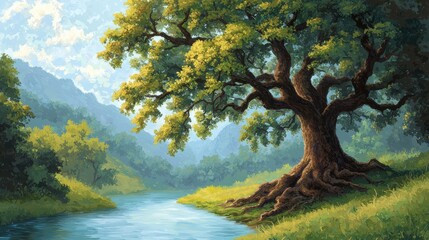 Fototapeta premium Majestic Oak Tree by Serene River in Mountain Valley