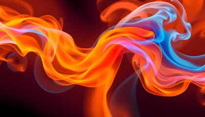 abstract waves, fluid motion, orange background, fiery colors, smoky tendrils, dynamic curves, vibrant energy, ethereal wisps, swirling patterns, flame-like shapes, glossy texture, digital art, gradie