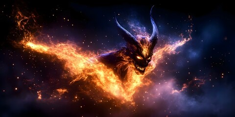 Obraz premium A fiery, demonic figure with horns and glowing eyes, surrounded by swirling flames and cosmic elements in a dark background. Concept Demonic Figure Design, Fiery Aesthetics, Cosmic Elements