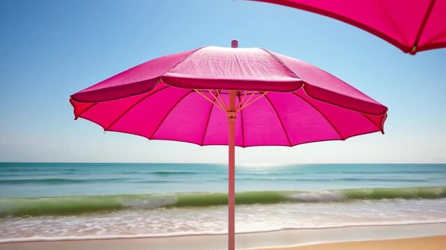 Bright pink umbrellas provide shade on a sunny beach with calm waves and clear blue skies