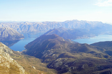 The most beautiful places in Montenegro: breathtaking aerial view of the Bay of Kotor. Landscape with the Adriatic Sea, the Vrmac Peninsula, the Perast Islands, the city of Tivat and Mount Lovcen