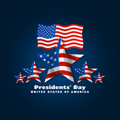 Presidents' Day to celebrate on February 17th. Flying American flag with stars on dark blue background.