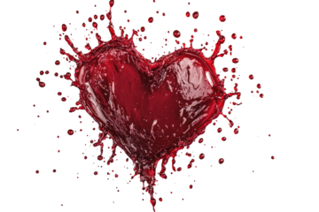 blood drops forming a heart shape as they splash, isolated on a pristine white background
