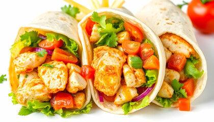 Vibrant chicken fajita wraps, colorful vegetables, grilled chicken pieces, soft tortillas, fresh lettuce, juicy tomatoes, bell peppers, appetizing Mexican cuisine, high-resolution food photography, br