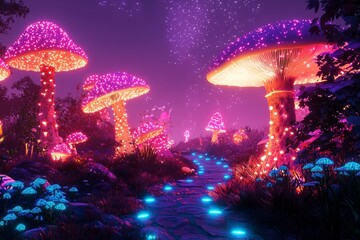 Fototapeta premium A surreal starry path curving through a garden of giant glowing mushrooms, its light mingling with bioluminescent plants under a purple sky. 
