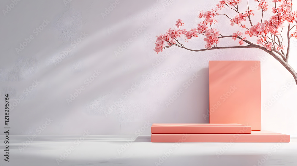 Poster a serene composition featuring pink-toned geometric shapes and a delicate flowering branch against a