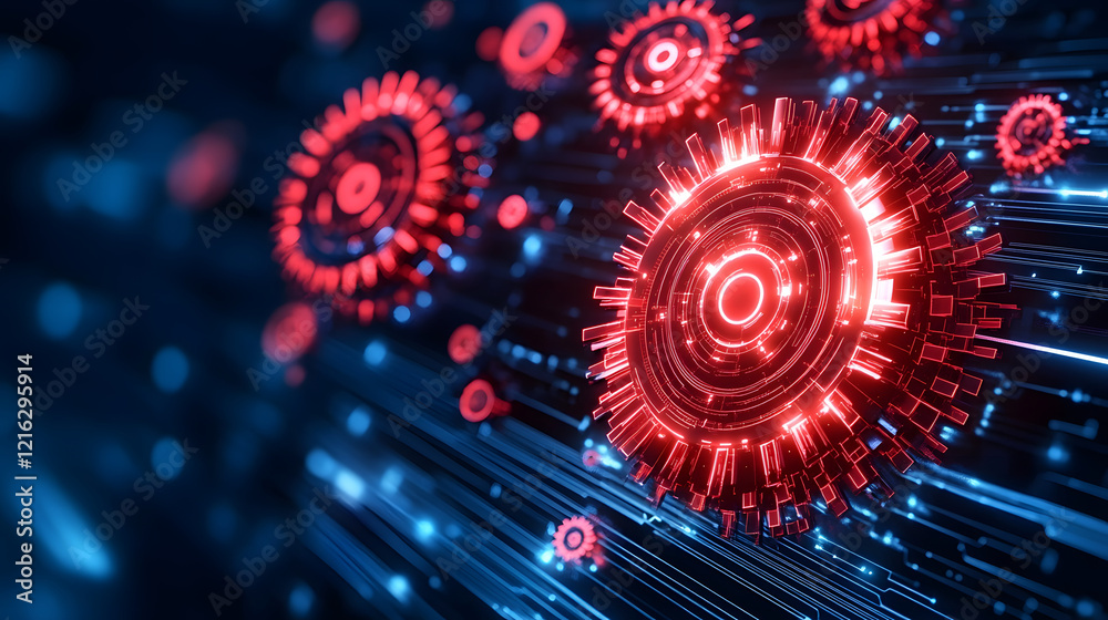 Poster a futuristic depiction of glowing red gears and digital elements, representing technology, innovatio