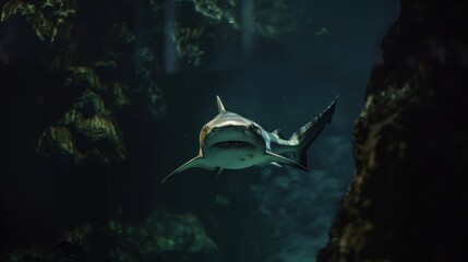 Shark swimming aquarium dark rocks underwater habitat