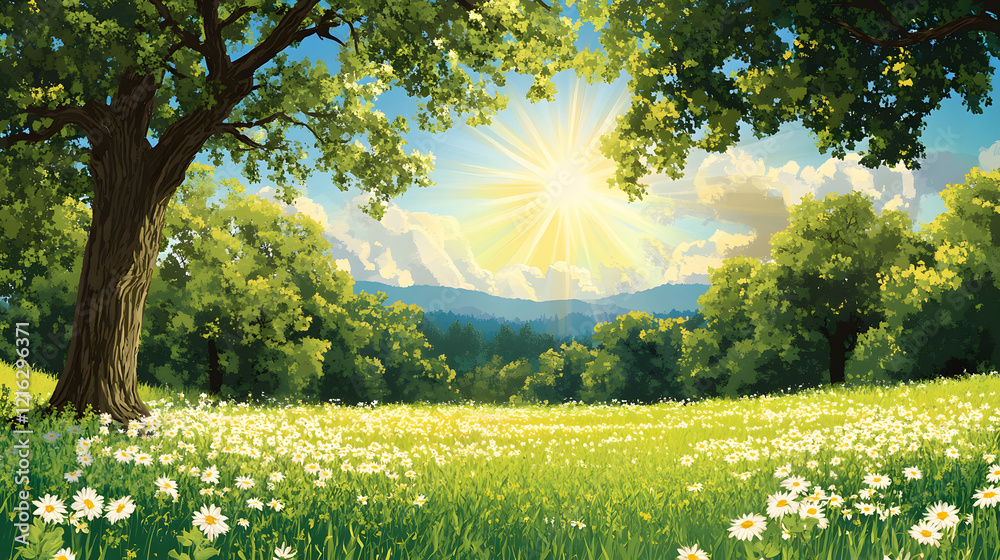 Poster a vibrant landscape featuring a sunlit field with flowers, surrounded by lush trees and rolling hill