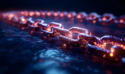 Glowing chain links on dark surface, cybersecurity concept