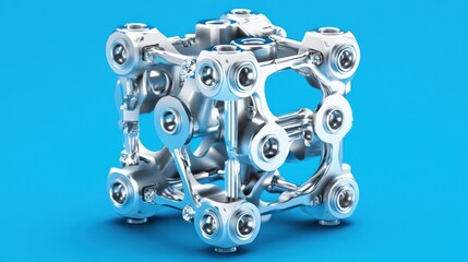 Metallic Cube Mechanical Structure Bolts Nuts Design Blue Background