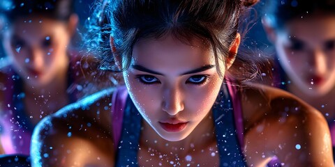 A close-up of a focused athlete with water droplets, surrounded by other figures, creating an intense training atmosphere. Concept Athlete Focus, Close-Up Photography, Intense Training Atmosphere
