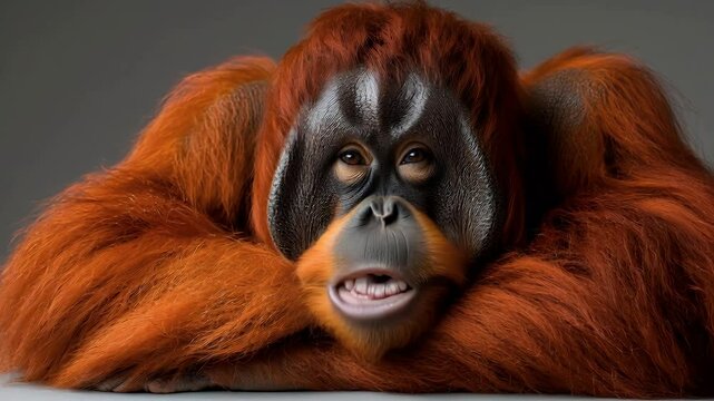 Portrait of a relaxed orangutan resting its head on its arms, showcasing its vibrant orange fur and expressive face.