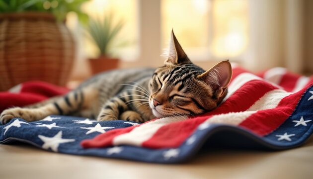 Cozy cat rests on patriotic blanket. Feline sleeps peacefully on American flag themed throw. Home decor piece celebrates National Cat Day. Warm, loving atmosphere. Pet owner creates calming space.