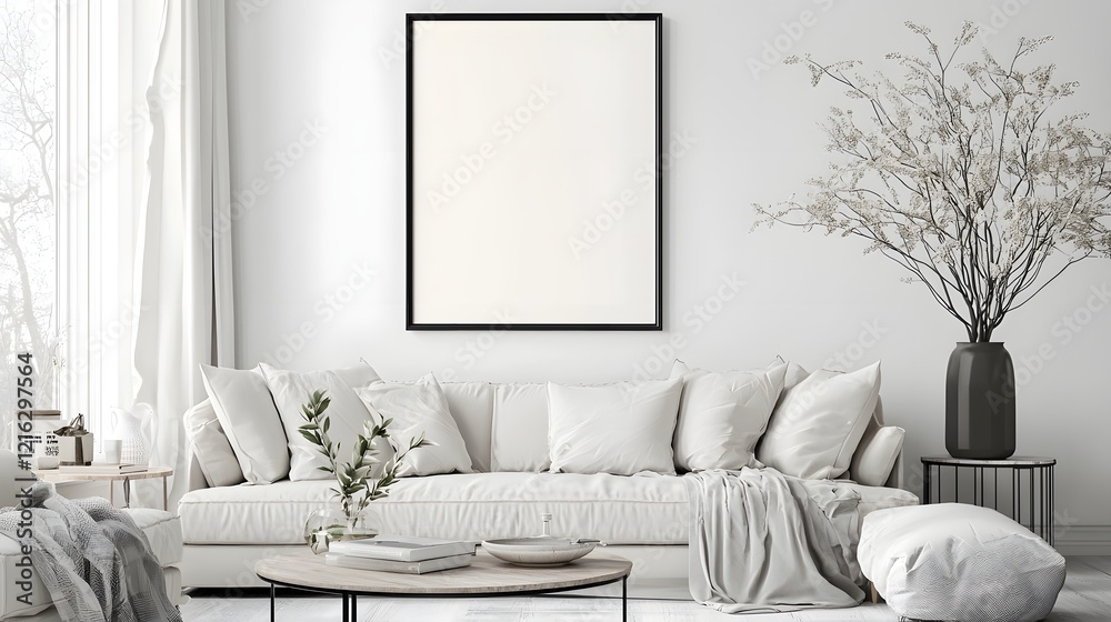 Poster cozy and stylish minimalist home living room setting with wall mounted iso a paper size frame mockup