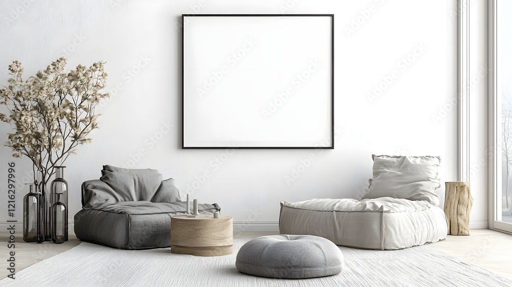 Poster Minimalist interior space featuring an empty ISO A paper size frame mockup hanging on a clean white wall surrounded by elegant modern furniture and subtle lighting for a contemporary