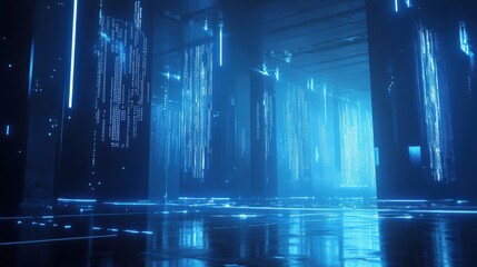 A futuristic data center glowing with blue light, AI algorithms