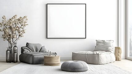 Minimalist interior space featuring an empty ISO A paper size frame mockup hanging on a clean white wall surrounded by elegant modern furniture and subtle lighting for a contemporary