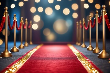 Red carpet on a stage with bright lights and bokeh glowing at night surrounded by stars and a fountain in a celebration event in the city