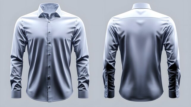 Soft blue button up shirt mockup template featuring front and back perspectives on a clean minimalist backdrop for professional product showcase and stylish apparel design