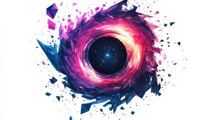 Galaxy with glowing polygonal arms swirling around a central black hole, low poly on a white background