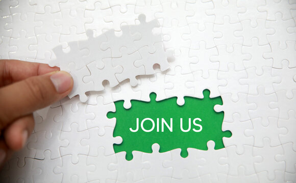Join us message on missing puzzle piece. Recruitment, membership or to join a cause concept.