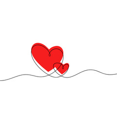 Two hearts are drawn in one continuous line. Modern minimalist romantic background with space for text. Festive background for banners, postcards, greetings. Illustration of a pair of hearts, flat 