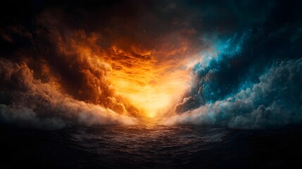 Fototapeta premium Dramatic cosmic battle between the forces of light and darkness raging in an apocalyptic stormy sky with swirling clouds intense fire and a sense of turbulent epic conflict