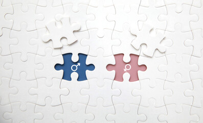 Male and female gender symbol icons on connected jigsaw puzzle pieces. Man and woman relationship, marriage and togetherness. Gender connection, harmony or heterosexual relationship.