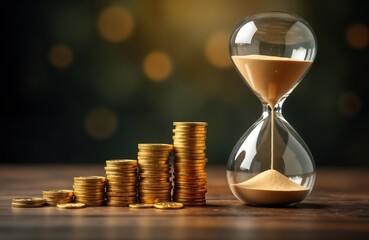 Golden coins stack up. Hourglass represents time passing. Investment concept. Long-term mutual fund returns grow. Finance photo. Money growth. Time money. Savings. Financial planning. Business idea.