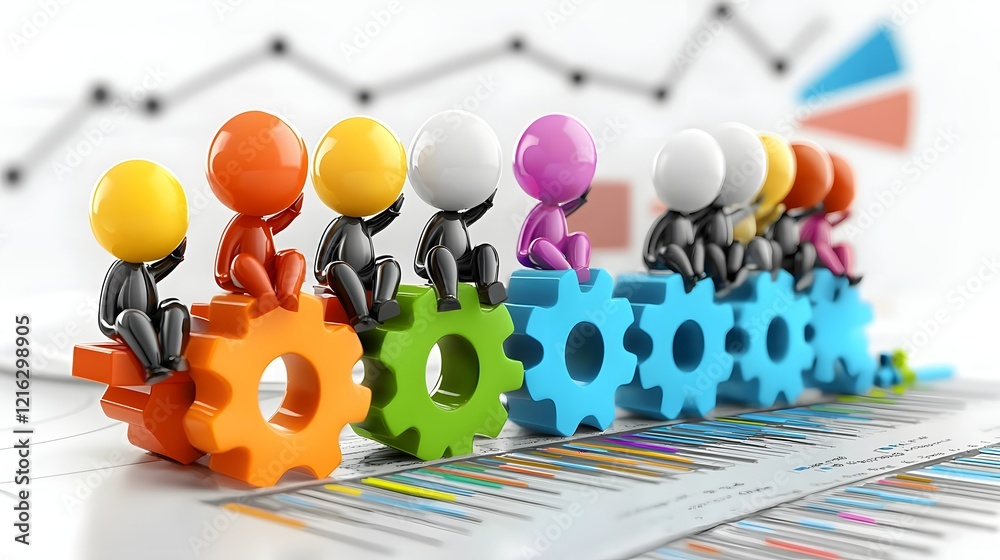 Aufkleber Colorful 3D cartoon characters sitting around a table brainstorming and collaborating on a new business plan with charts graphs and data visualizations in the background