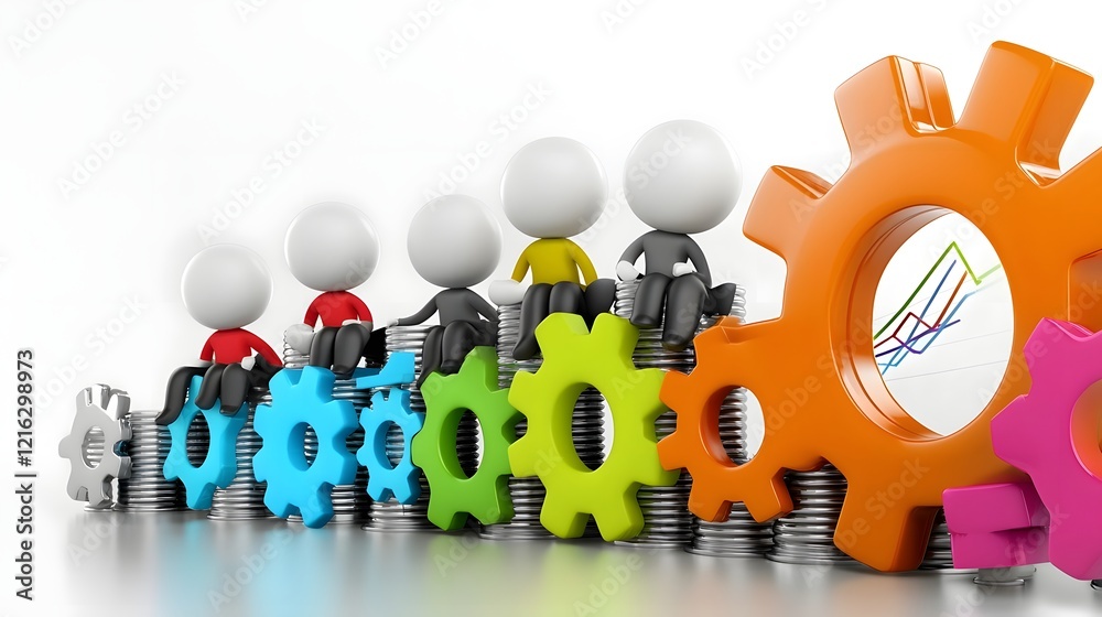 Poster Colorful 3D cartoon characters sitting around a table brainstorming ideas and strategies for a new business plan with charts graphs and analytics visualizations in the background